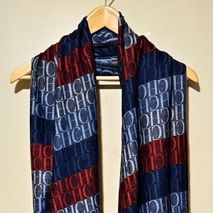 NWT Caroline Herrera Monogrammed Oversized Shawl Fringe Blue Red and Gray